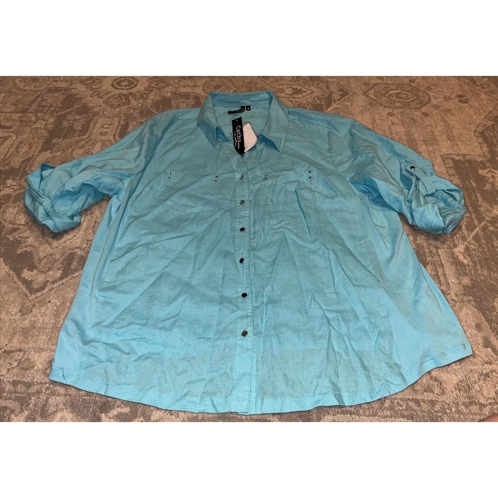 New CATHY Blue Button Down Top 3/4 Roll Tab Sleeve Shirt WOMENS‎ Plus Sz 2XL